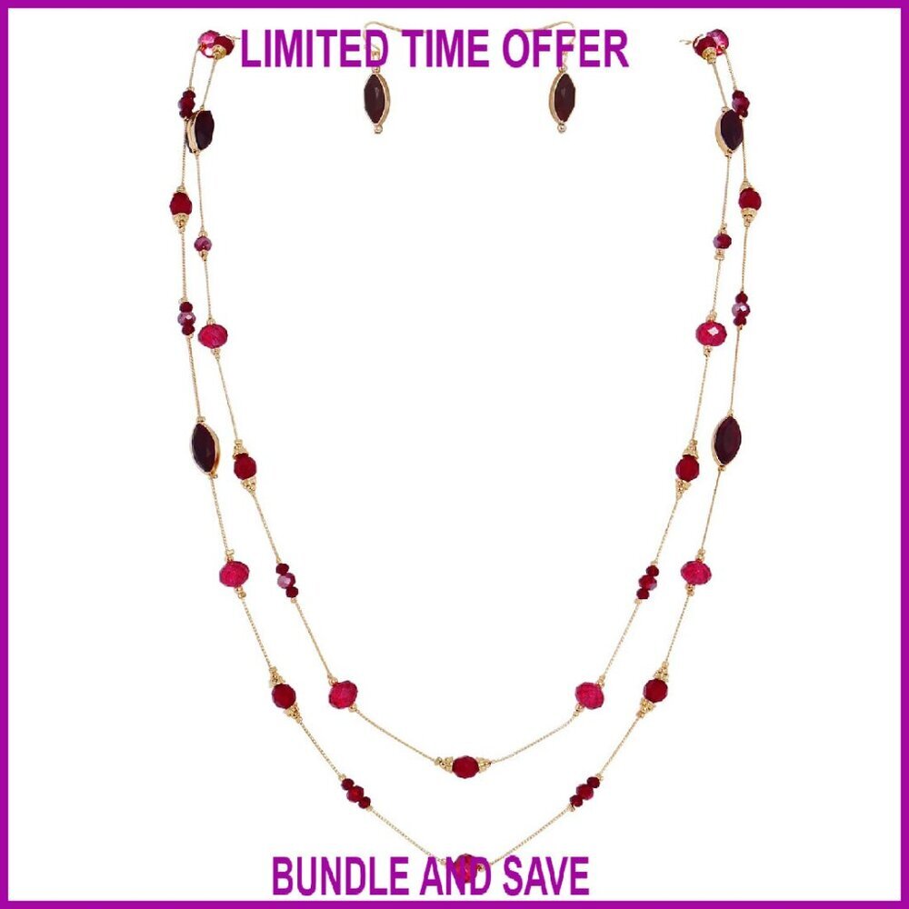 2 Layer Illusion Wire Beaded Statement Necklace Set with Earrings